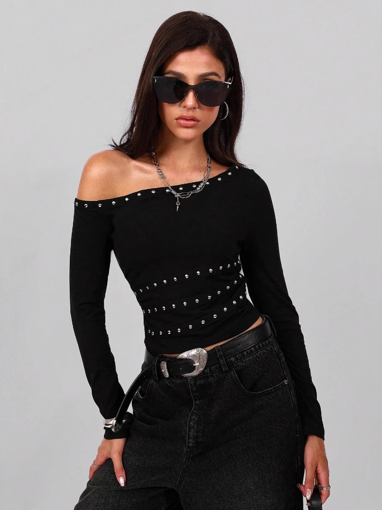 Spring and Autumn Women's Irregular Slanted Shoulder Collar Black Long-sleeved T-shirt Street Style Rivet Slim-fitting Sexy Top