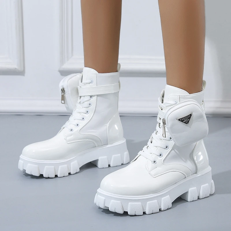 

New Boots Women Motorcycle Ankle Boots Wedges Female Lace Up Platforms Spring Black Leather Oxford Shoes Women Botas Mujer Bag