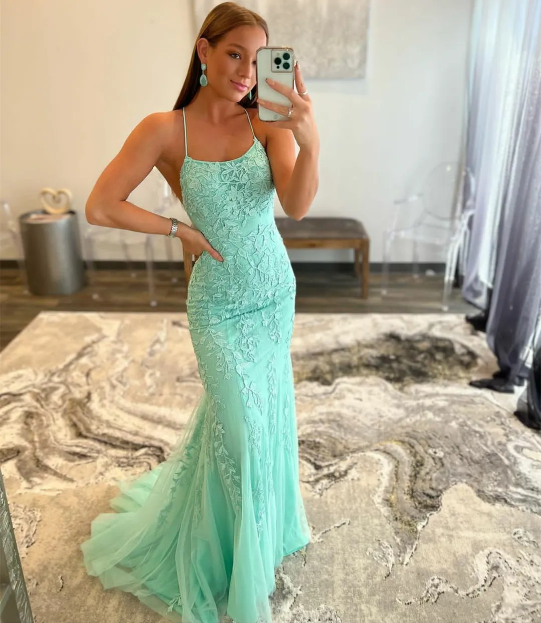 

Elegant Spaghetti Lace Prom Dresses Long Mermaid Evening Dresses Criss Cross Back Evening Dresses Birthday Party Dress for Women