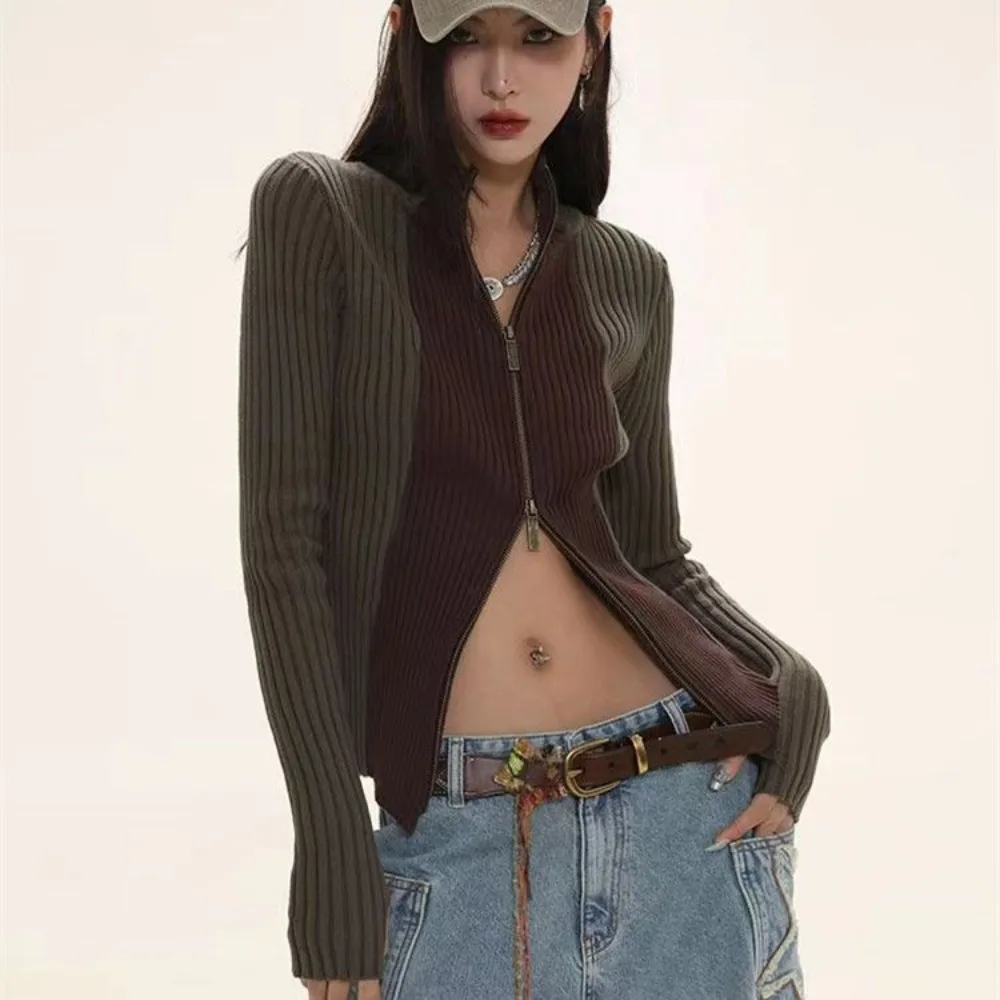 

Harajuku Streetwear Grunge Contrast Color Pull Cardigan Y2k Aesthetic Knitted Cardigan Zipper Up Fashion Sweater Coat Women