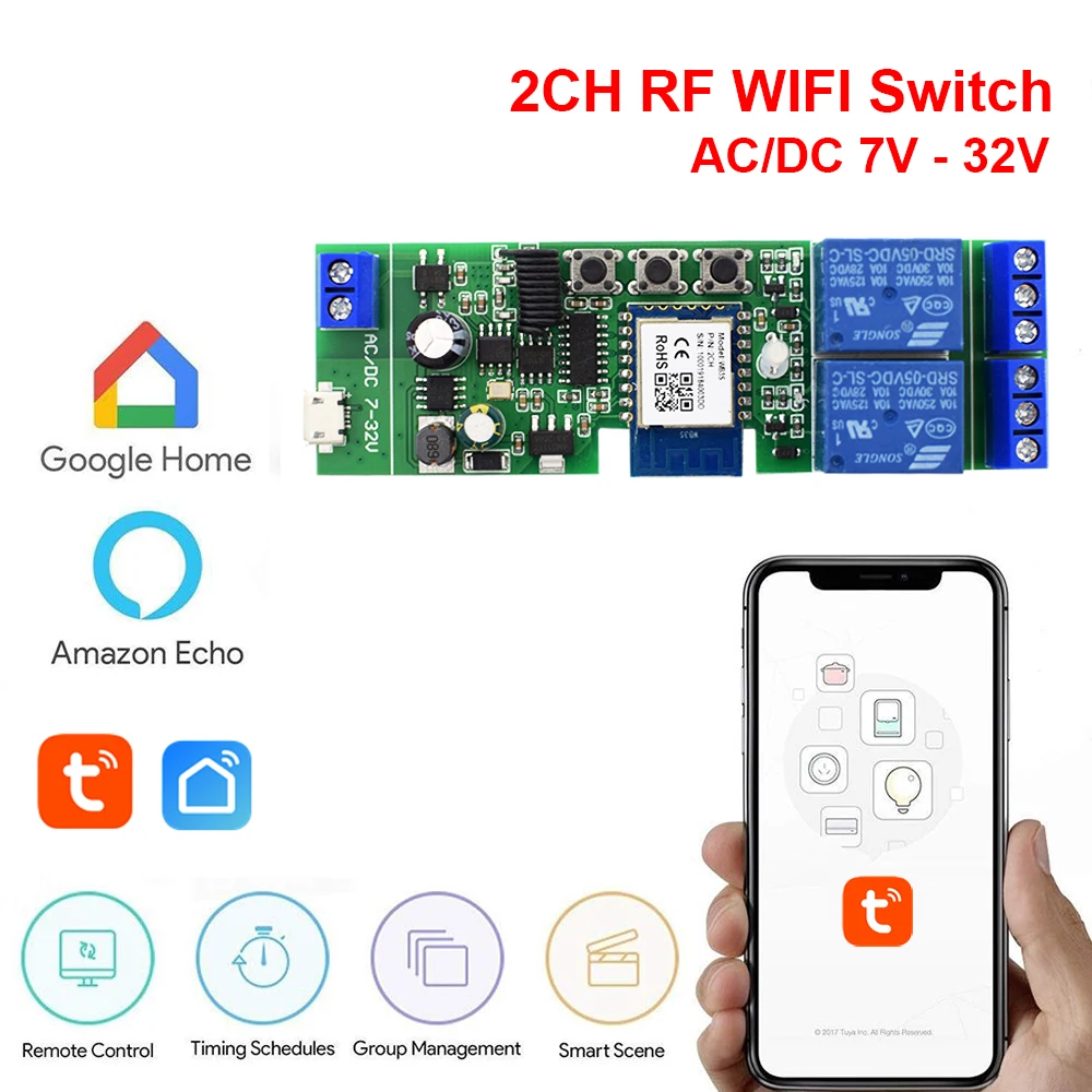 

Модуль переключателя Wi-Fi Tuya 1/2/4 канала, контроллер для умного дома, 12 В, 24 В, 7-32 В, голосовое управление, таймер с поддержкой Alexa, Google Home