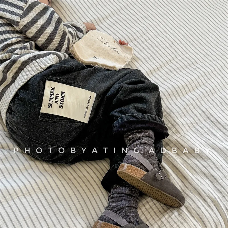 2025 Winter New Children Plus Velvet Thick Jeans Letter Print Girls Trousers Baby Boy Fleece Denim Pants Kids Warm Pants 3 2025 Winter New Children Plus Velvet Thick Jeans Letter Print Girls Trousers Baby Boy Fleece Denim Pants Kids Warm Pants - Image 3