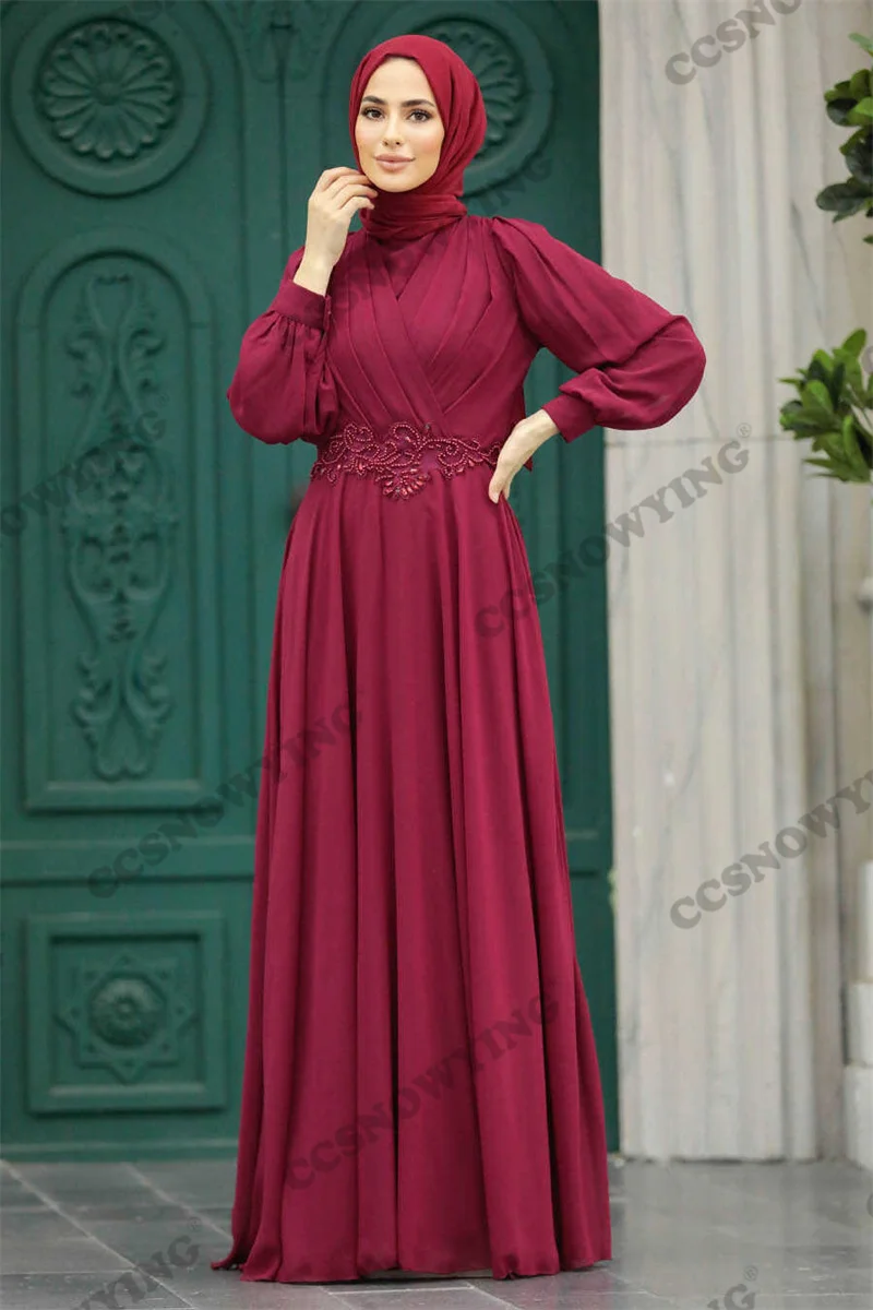 

Burgundy Long Sleeve Hijab Muslim Evening Dresses Chiffon Appliques Islamic Formal Party Gown Women Arabic Kaftan Robe De Soiree