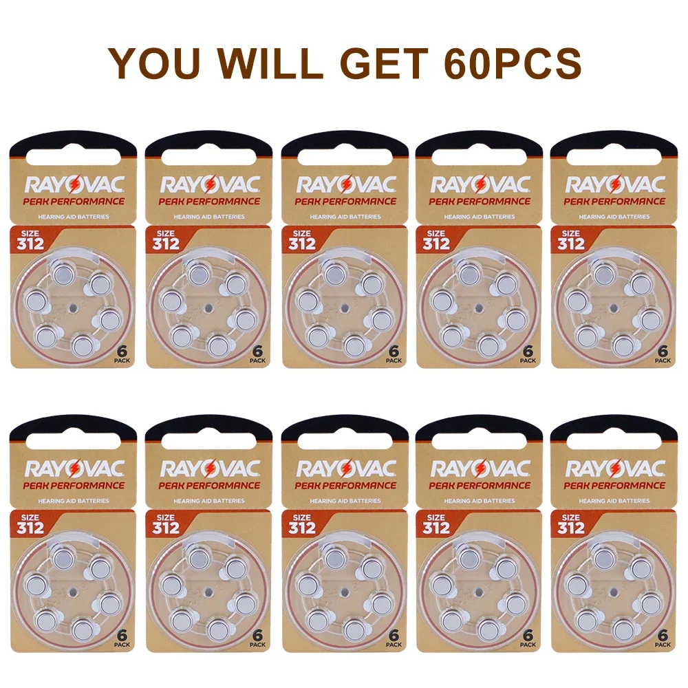 Hearing Aid Batteries 60PCS / 10 Cards RAYOVAC PEAK 1.45V 312 312A A312 PR41 Zinc Air For BTE CIC RIC OE Hearing Aids
