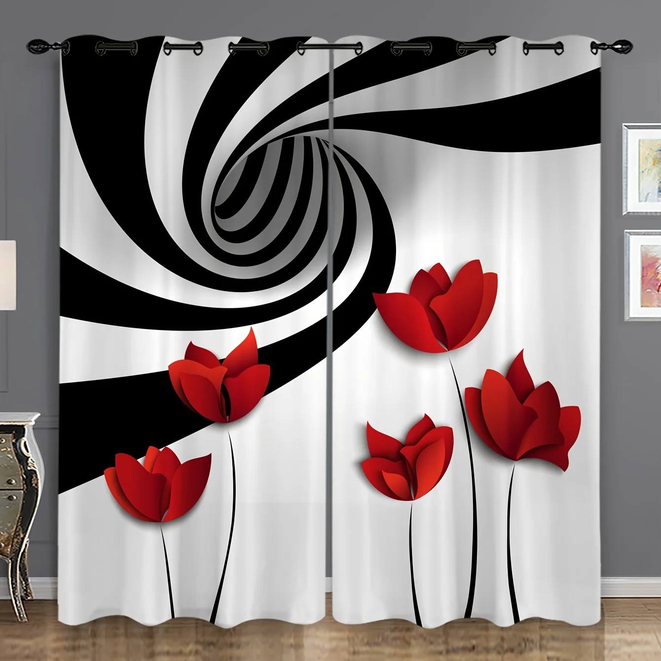 

2pcs Abstract Art Curtains With Red Flower Abstract Spiral Circle Curtains Bedroom Window Treatment, Office, Kitchen Home Decor