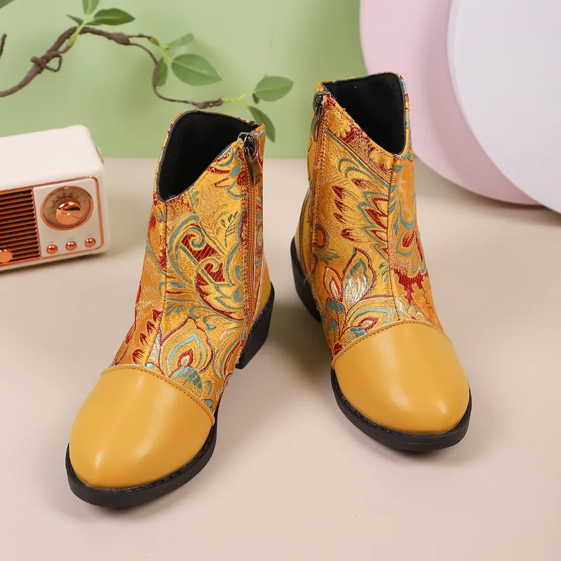 Kids Leather Boots Chinese Ethnic Style Girls Princess Boots Embroidered Chic 2025 Autumn Winter New Children Short Boots Zipper
