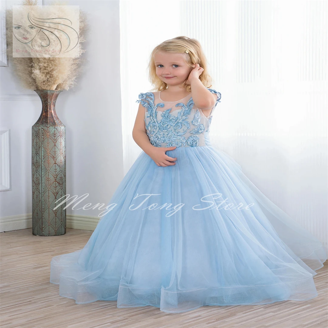 

Light Blue Flower Girl Dress Beading Stons Corest Junior Bridesmaid Ball Gown for First Communion Birthday Dresses