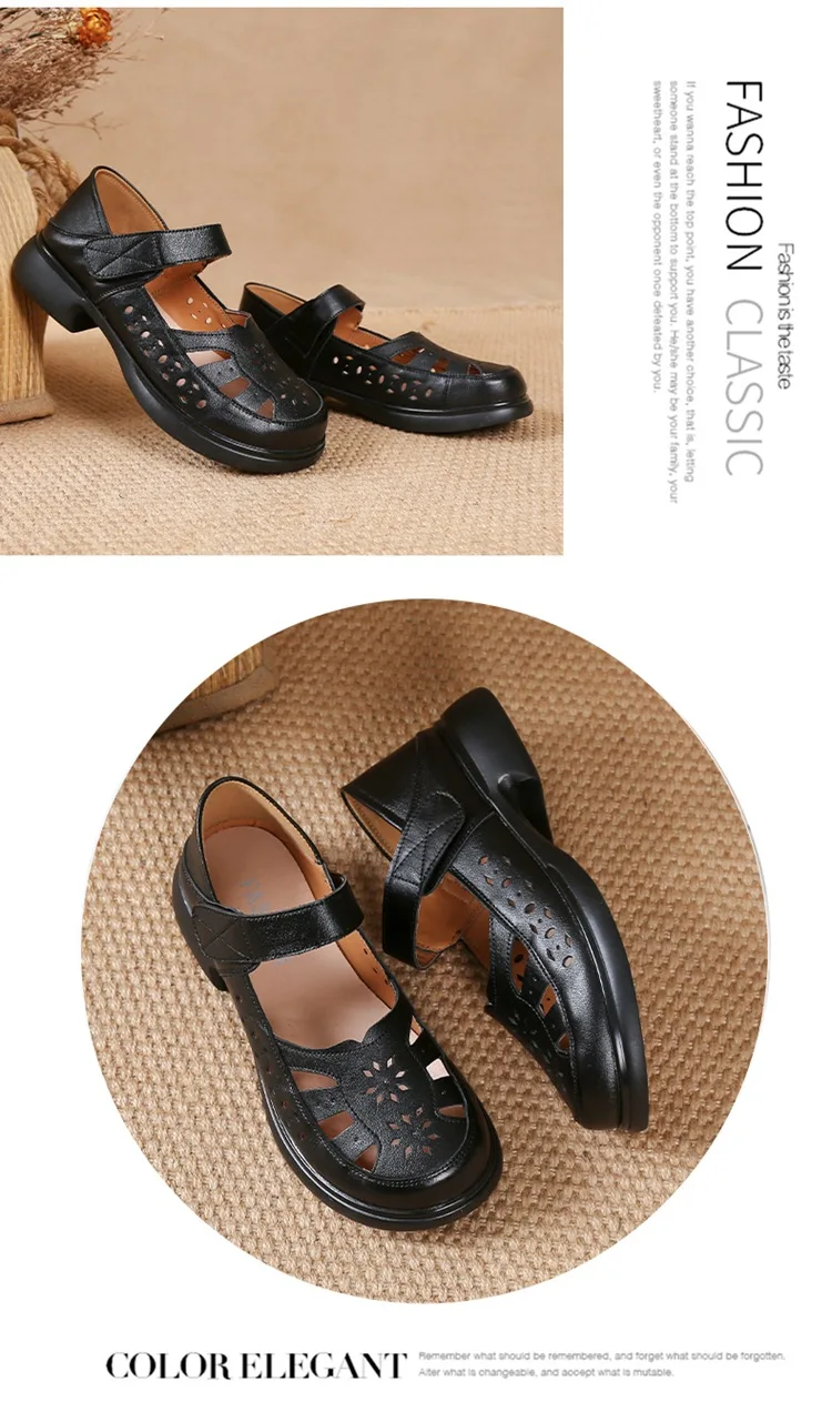 Sandalen Damen Löcher atmungsaktive Echt leder Schuhe Frau Gladiatoren Sommer Block Low Heels Mary Jane Mutter Sandalen Schuhe – Detail 19