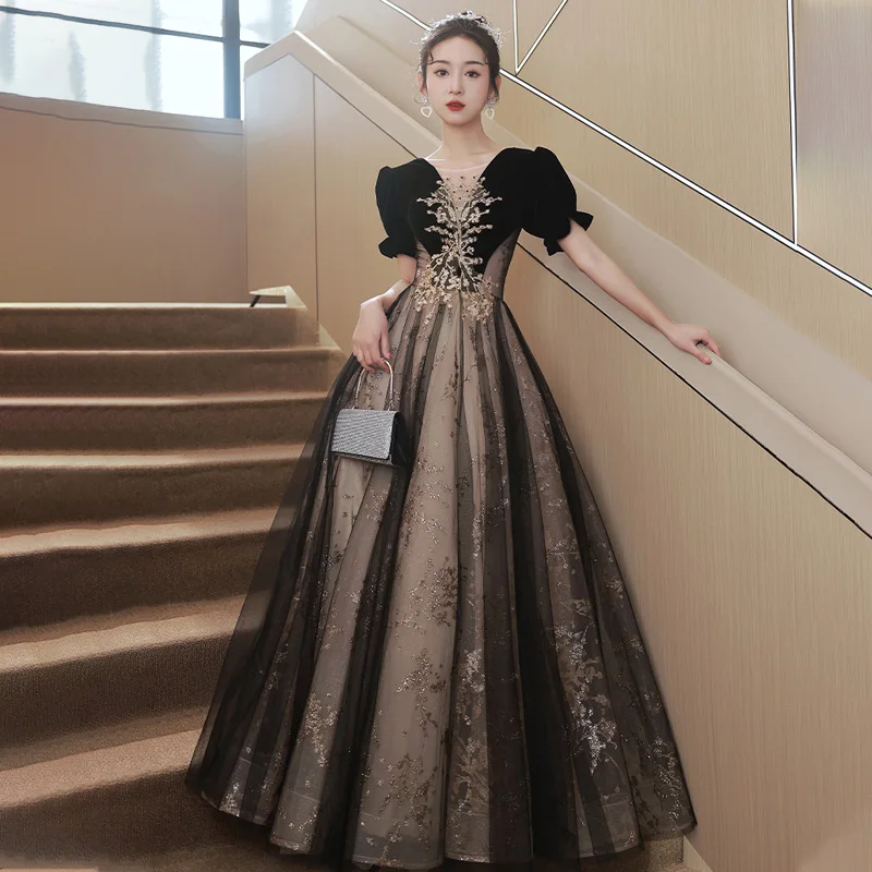 

New Arrival A-Line Lace Up Floor-Length Sequins Appliques Formal Dress Short Sleeves O-Neck Black Tulle Dress Woman Party A2746