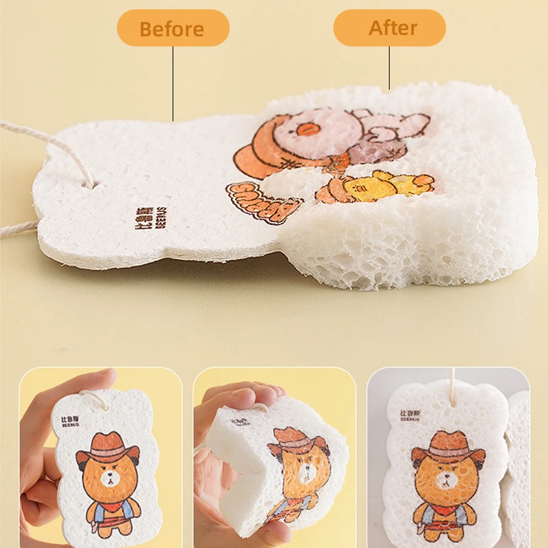 Compressed Wood Pulp Sponge Cartoon Oil Remove Dish Cloths Dishwashing Sponge Wipes Cleaning Tools For Kitchen