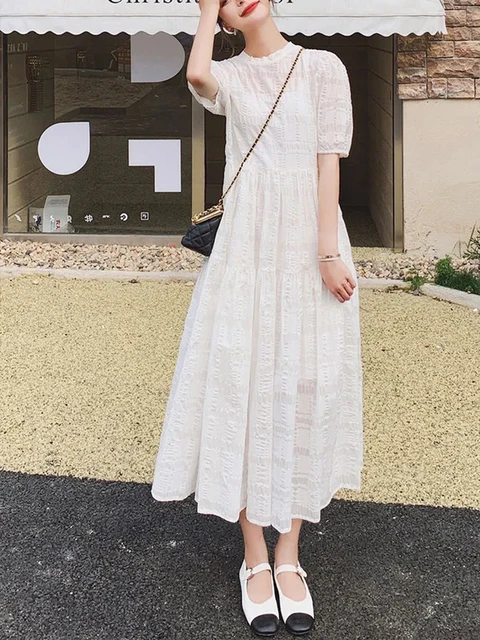 Long Simple Casual Solid Hollow Out Pure Cotton Holiday Style High Waist  Fashion Mid-calf Summer Dresses New Vestidos - Dresses - AliExpress