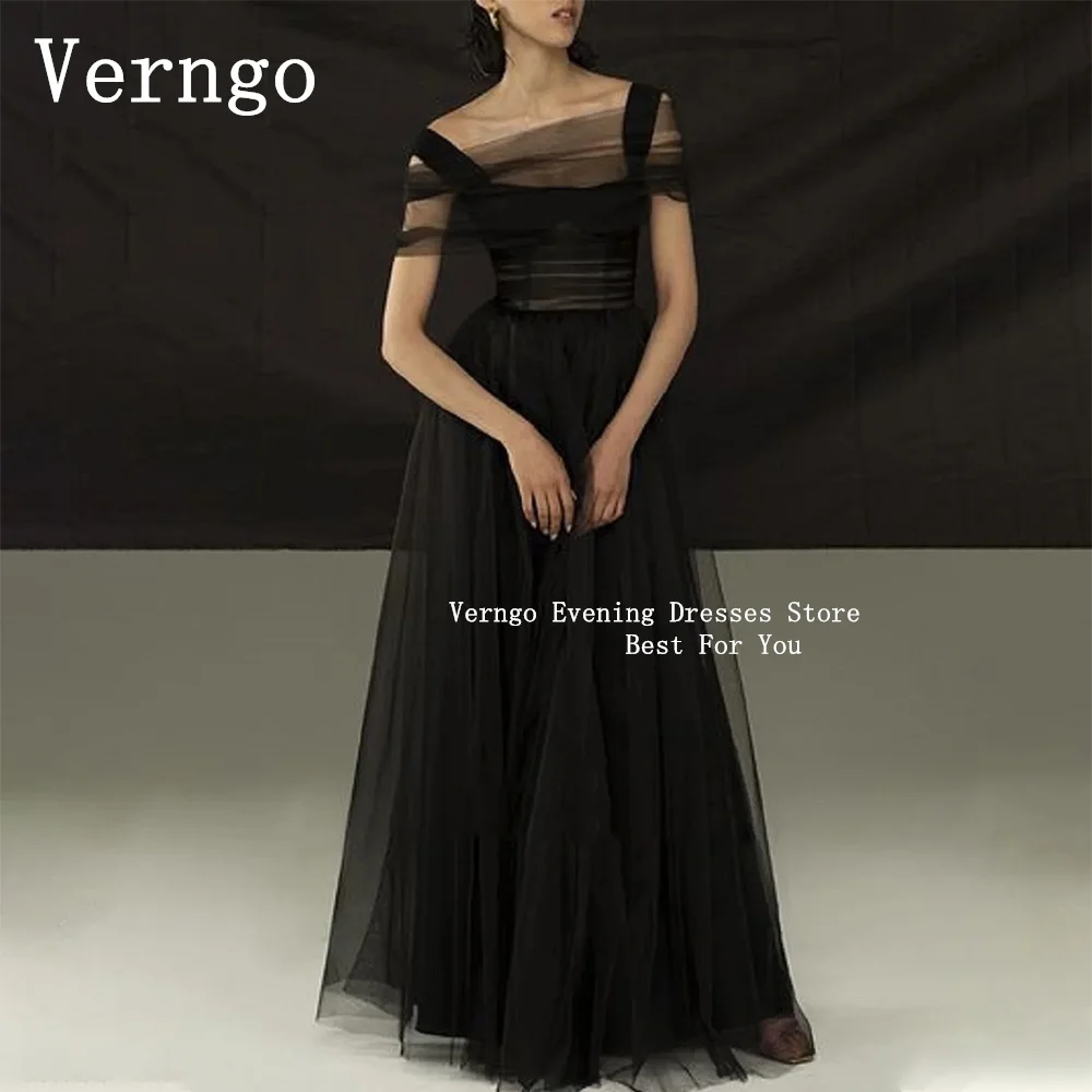 

Verngo Black Tulle Prom Gown Simple A Line Party Dress For Women Floor Length Evening Dress Korea FProm Dress