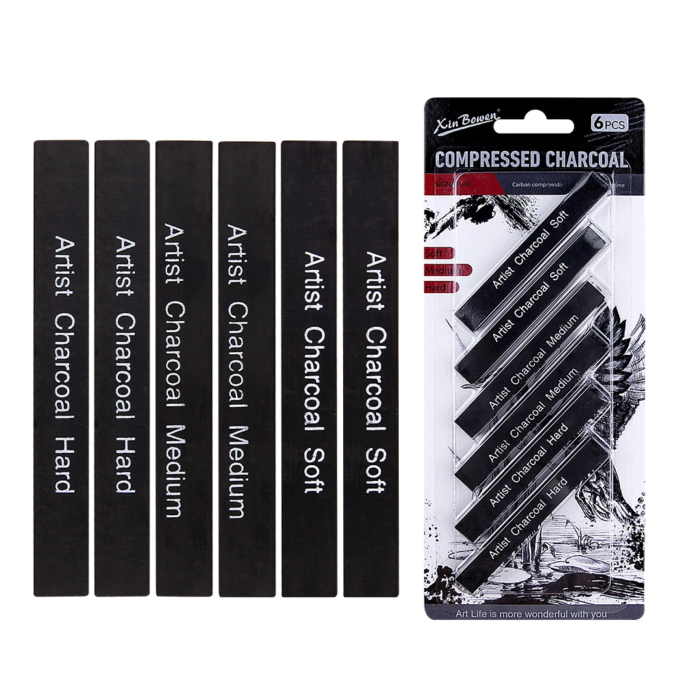 Sketch Charcoal Bars Set 6pcs Soft Medium Hard Compressed Charcoal Sticks Artists Students Sketching Drawing Art Supplies