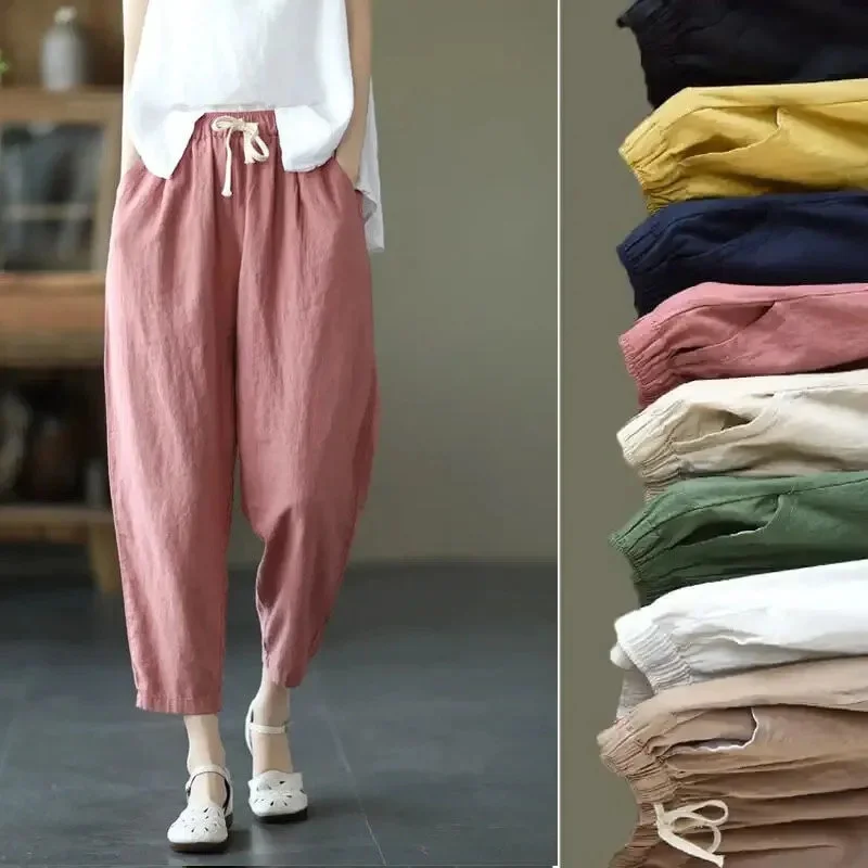 

2024 Summer New Cotton Linen Pants Women Retro Elastic Waist Harem Pant Korean Loose Thin Comfortable Ankle-Length Linen Trouser