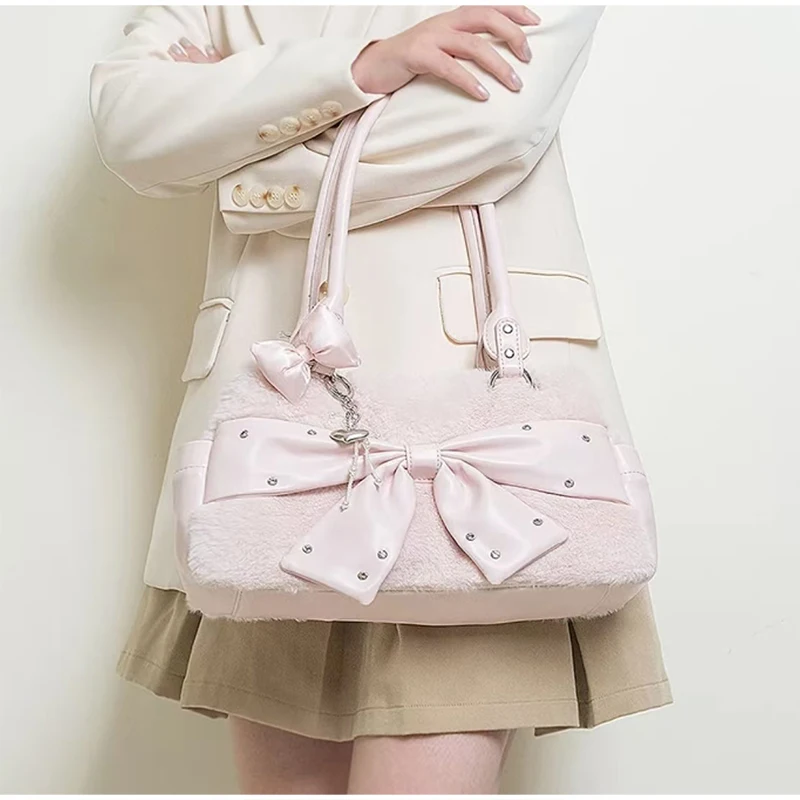 Borsa Utility Dolce e Pratica, Borsa a Tracolla Morbida con Fiocco in Pizzo, Stile Lolita Grande Capacità, Borsa a Spalla Marrone Rosa - immagine 5