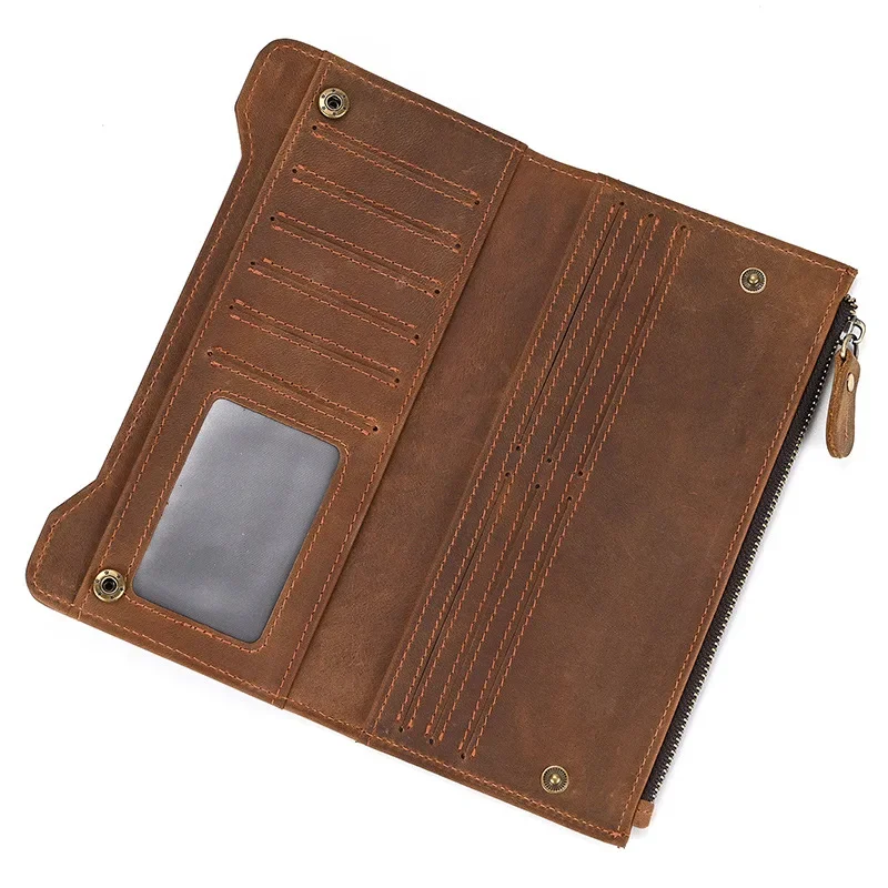 Fashionable Crazy Horse Leather Men's Long Wallet with Multifunctional Card Slots and Zipper Pocket