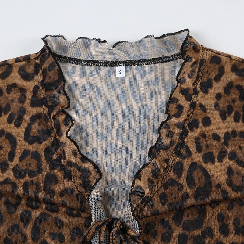 Leopard Print Vintage Brown Long Sleeve Crop Top Shirring Detail V-neck Lace-up T-shirt Party Women Outfits Autumn