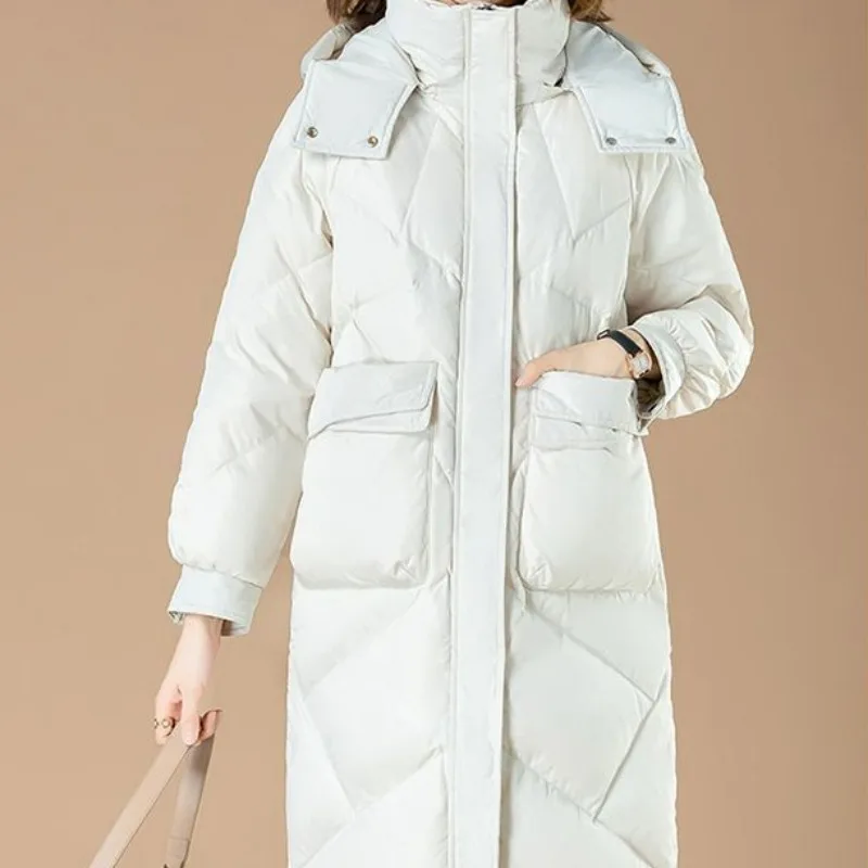 2023 New Women Down Jacket Winter Coat Female Mid Length Version Fashion Parkas Loose Thick Outwear Hooded Versatile Overcoat