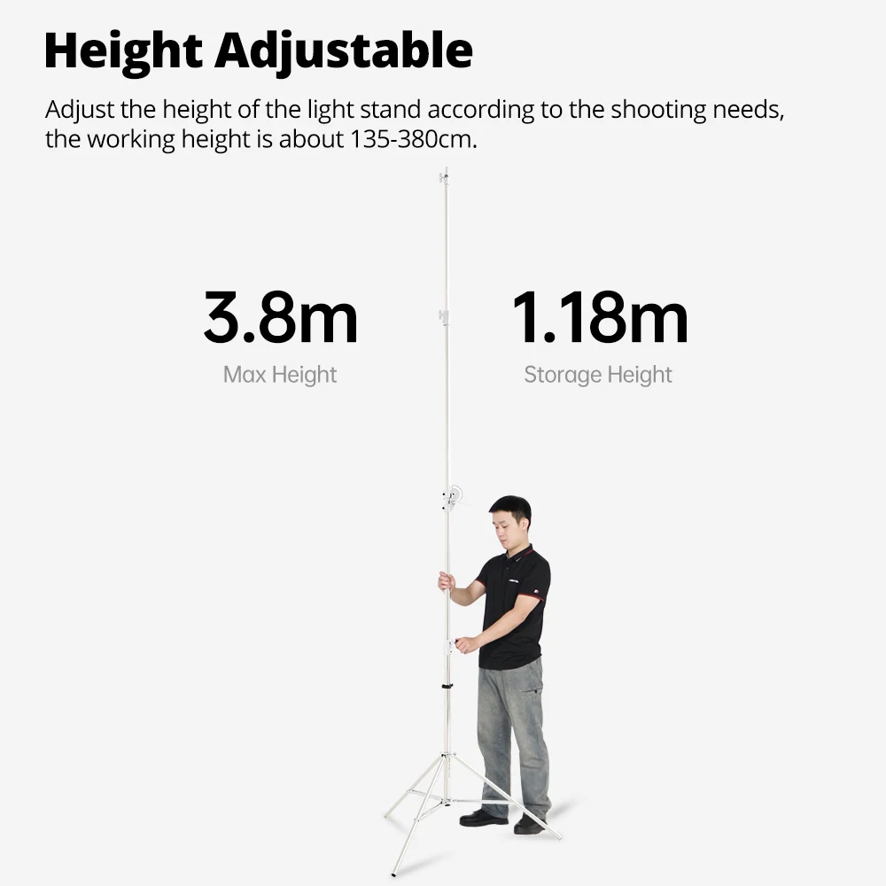 AMBITFUL AS400 380cm 라이트 스탠드 스테인리스 스틸 헤비 듀티 삼각대 1/4 3/8 나사 하중 10KG 스튜디오 플래시 소프트박스 조명용