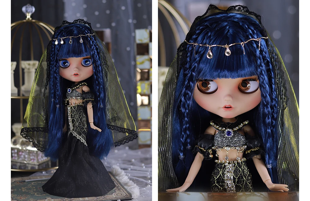 Cleopatra Thea – Premium Custom Neo Blythe Docka med blått hår, brun hud och matt leende ansikte 3