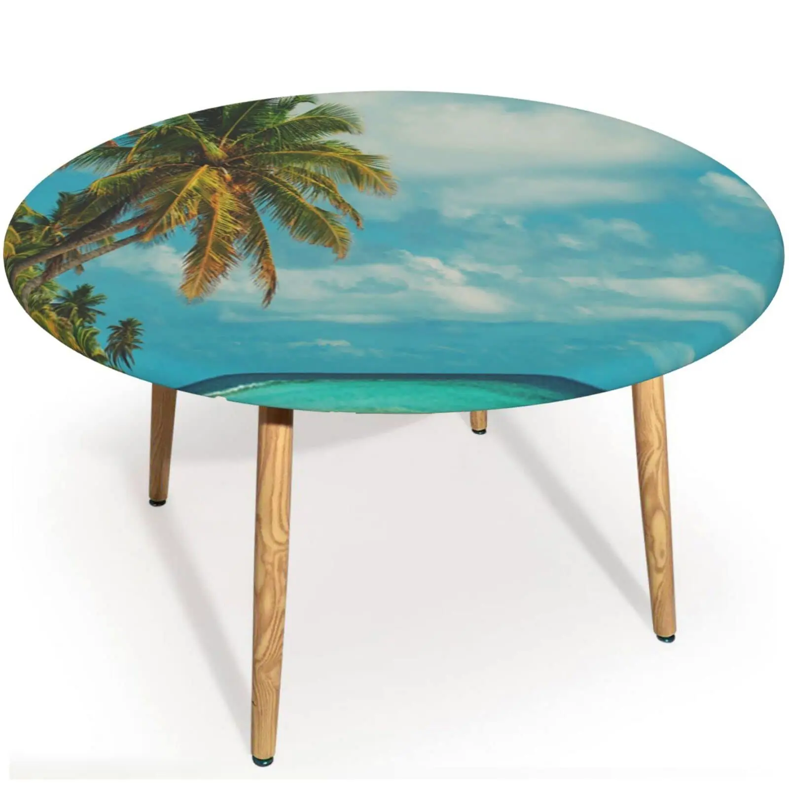 

Beach Coconut Tree Scenery Round Fitted Tablecloth Elastic Table Cover Waterproof Dining Table Cover for Indoor Outdoor Decor