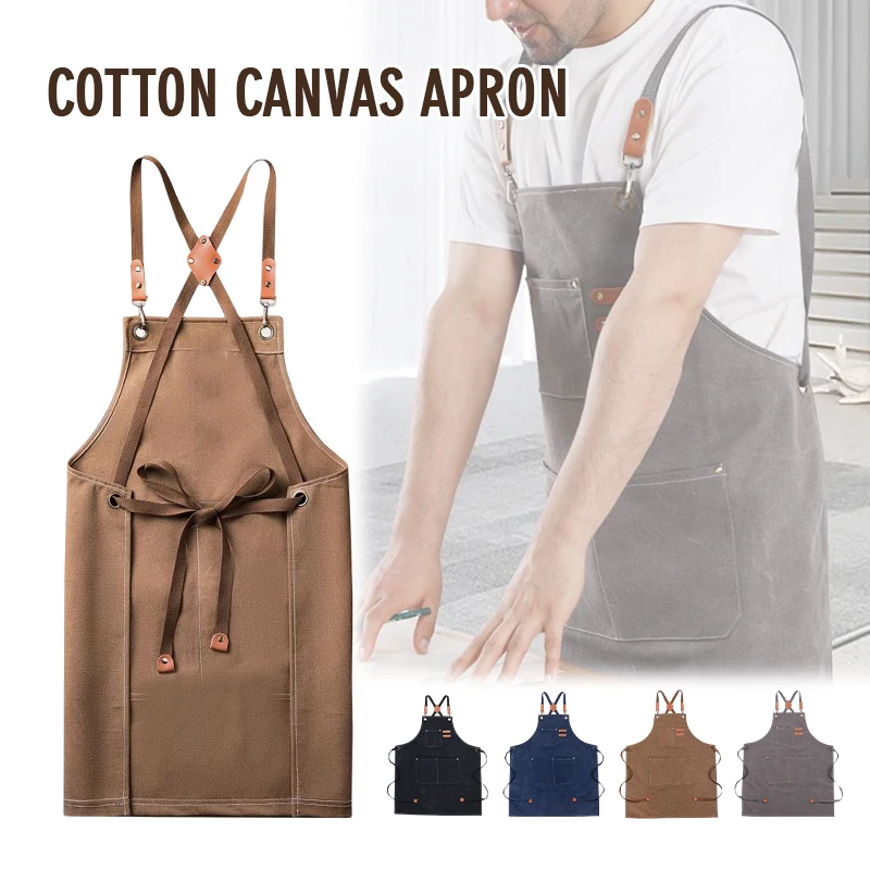Thickened Cotton Canvas Apron Bib Men's Women's Home Cooking Kitchen Gardening Work Apron Coffee Barber Tea Shop Pocket