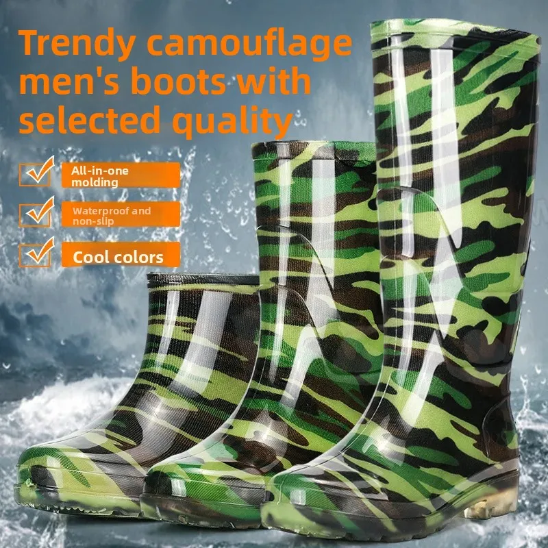 Bottes camouflage mi-mollet imperméables doublées polaire - Chaussures caoutchouc unisexes antidérapantes