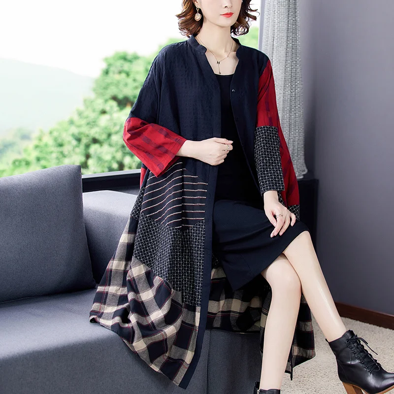 2025 Spring New Large Size 4XL Loose Fashion Women's Retro Ethnic Style Cotton Hemp Temperament Long Coat Windbreaker for Women