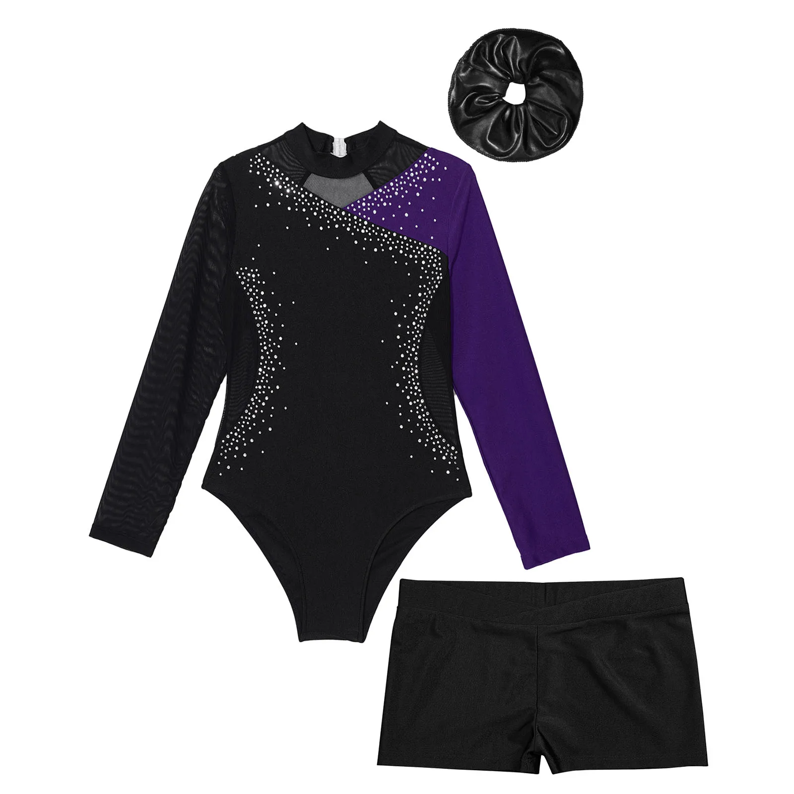 Kids Girls Gymnastics Bodysuit Outfit Shiny Colorblock Long Sleeve Skating Jumpsuit Children&rsquo;s Tutu Ballet Leotard with Shorts