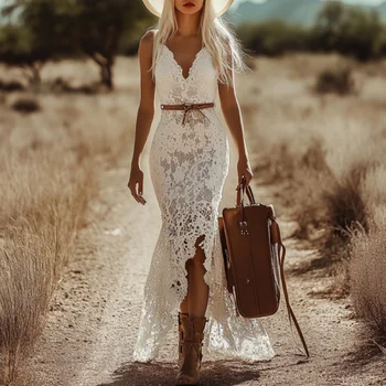 Womens Bohemian Maxi Dress Retro White Lace Sleeveless Summer Beach Wedding Guest Dress Elegant Church Party 1