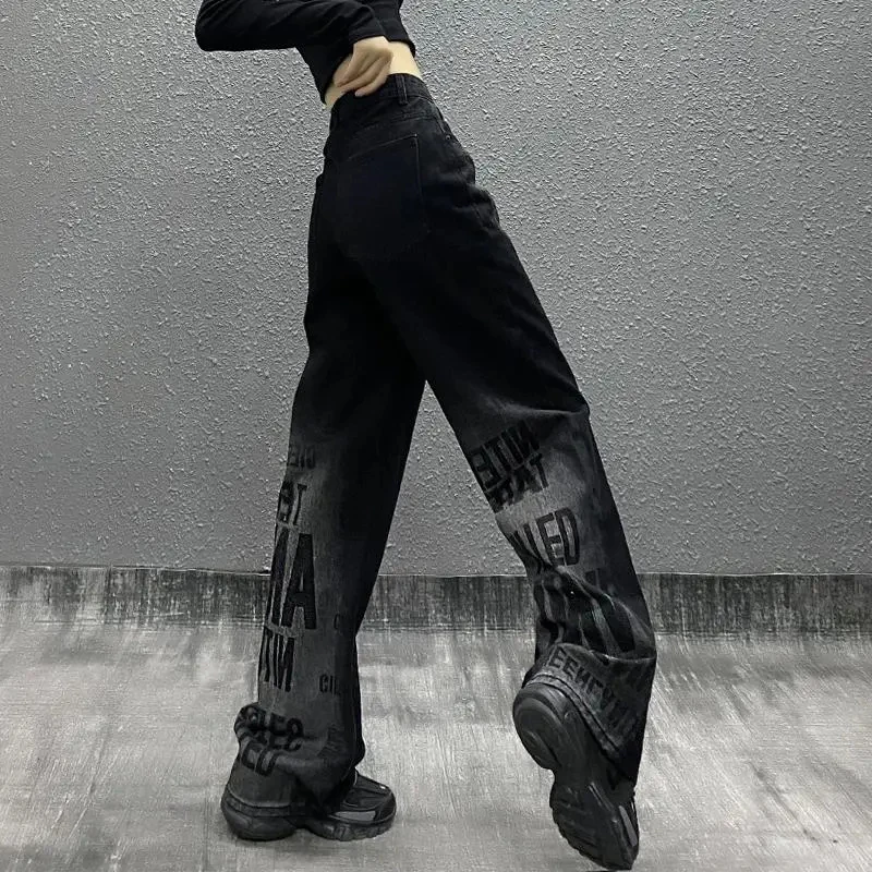 low rise jeans JMPRS Streetwear Letter Print Jeans High Waist Fashion Black Straight Baggy Denim Pants Y2k New 2022 Loose Female Trousers levis 501 Jeans