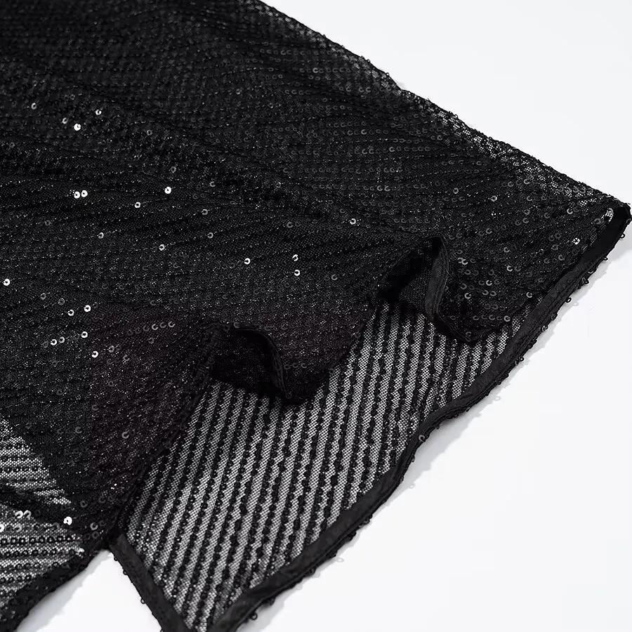 HH Sommer Damen Einfarbiges O-Ausschnitt Trägerkleid Pailletten-Verzierung Schnürung Ärmellos Modisch Rückenfrei Geschlitzter Saum Midi-Kleid – Detail 7