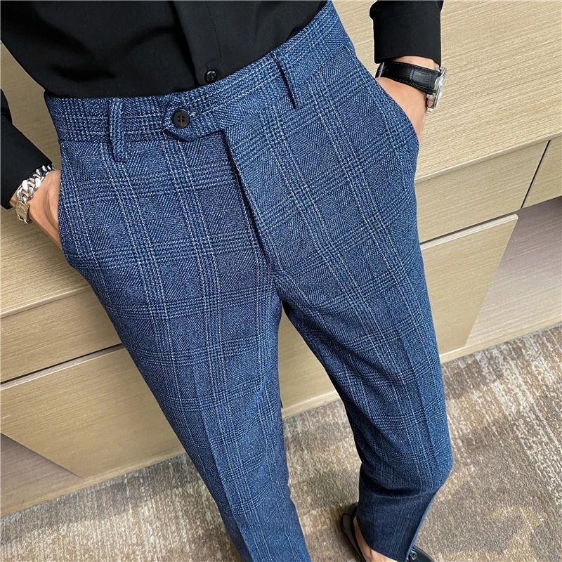 Navy Blue Plaid Mens Dress Plaid Pants 2023 Chic Coffee Blue Grey