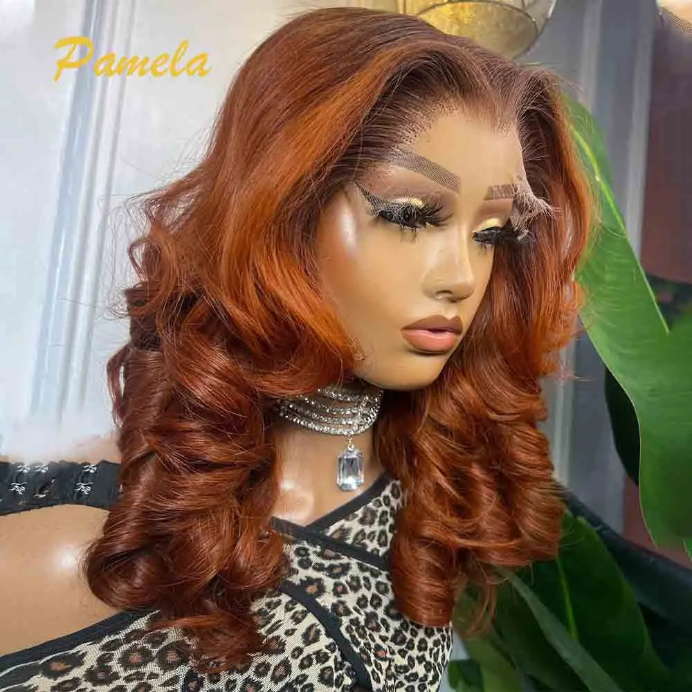 Highlight 250% Density Body Wave Glueless Wig Human Hair Ready To Wear Ombre 1B Orange Colored 13x6 Transparent Lace Frontal Wig