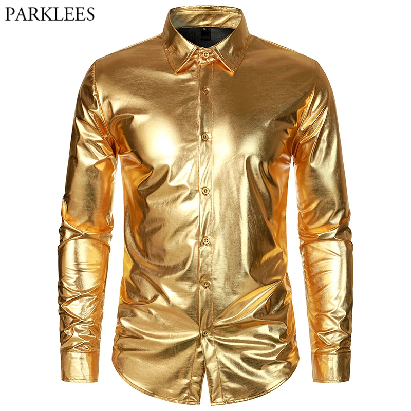 

Gold Coated Metallic Shiny Mens Dress Shirts 70's Disco Dance Stage Club Shirt Men Carnival Halloween Xmas Party Chemise Homme