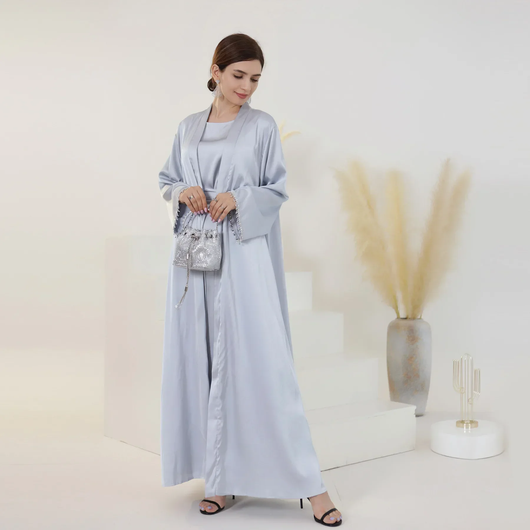 2 Piece Kimono Abaya Inner Dress Matching Muslim Set Satin Beads Abayas for Women Dubai Luxury Party Turkey Islam Outfit Kaftan