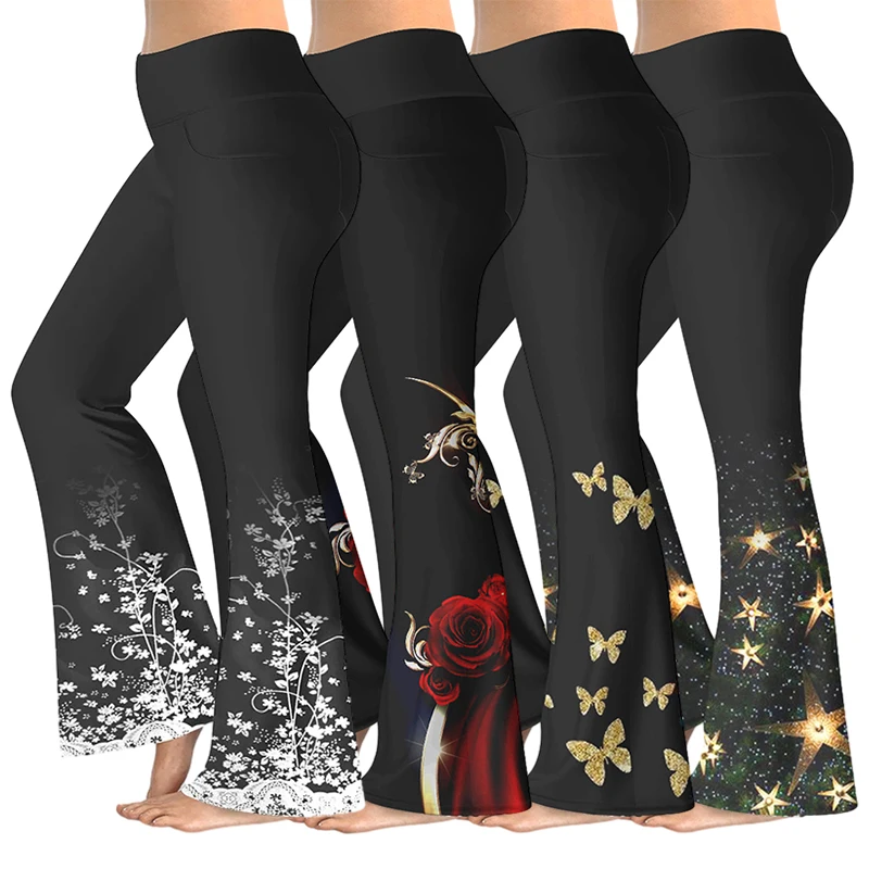 Plus Size Casual Stretch Flare Pants Women Retro Fashion Print Slim Bell Bottoms High Waist Workout Fitness Yoga Trousers