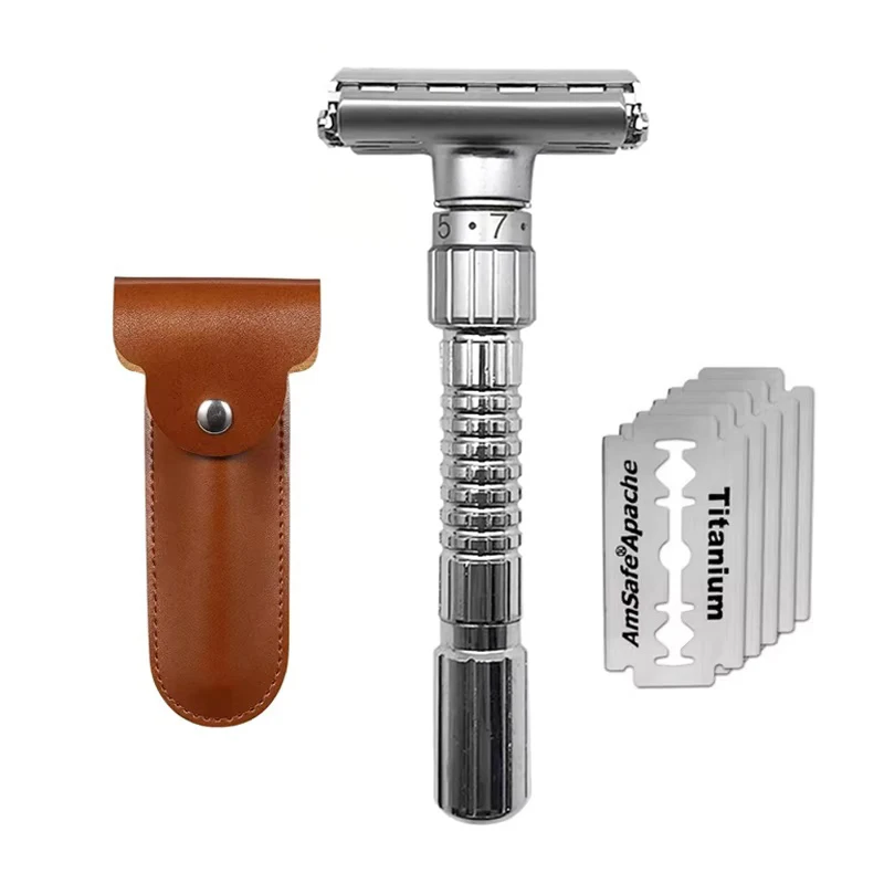 Adjustable Safety Razor Double Edge Classic Mens Shaving Mild to Aggressive 1-6 File Zinc Alloy Shaver With 5 Blades