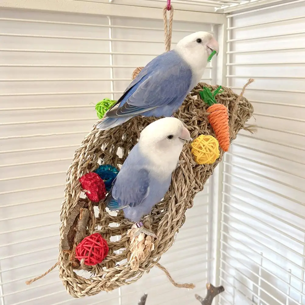 Bird Toys Seagrass Woven Climbing Hammock Swing With Colorful Chewing Rope for Lovebirds, Finch, Parakeets Conure, Cockatiel