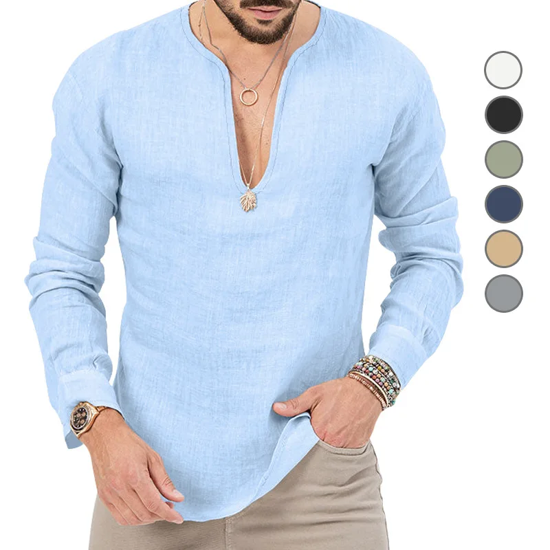 

Cotton Linen T-shirt Men's Deep V-neck Shirt Long Sleeved Non Elastic T Shirt Mens Solid Cut Hem Top Harajuku Base Shirt