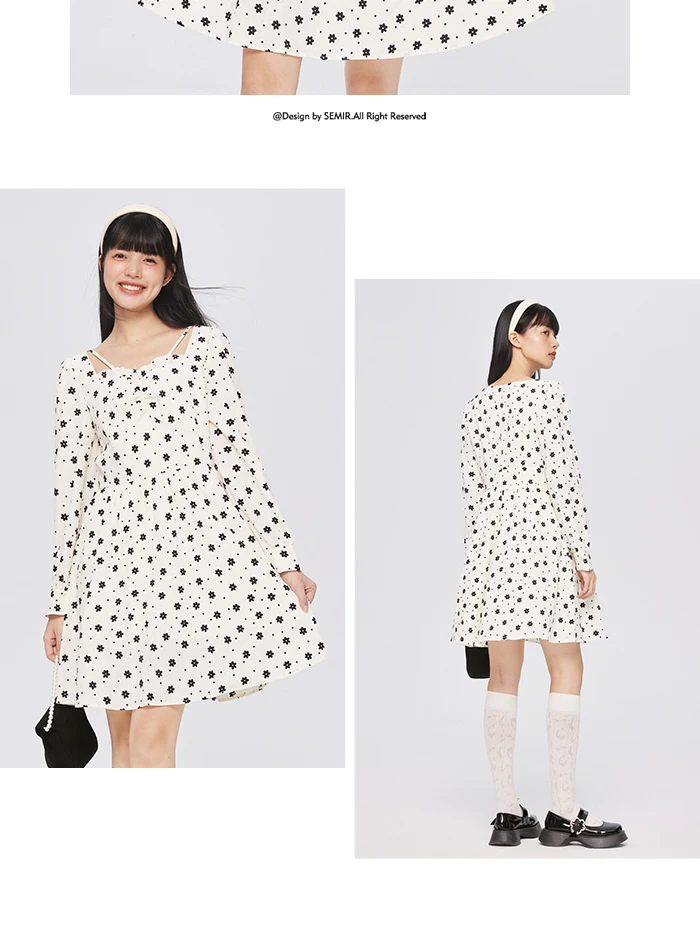 Dress Women Texture Fungus Edge Floral Dresses Temperament Autumn New Waist Square Collar Dress