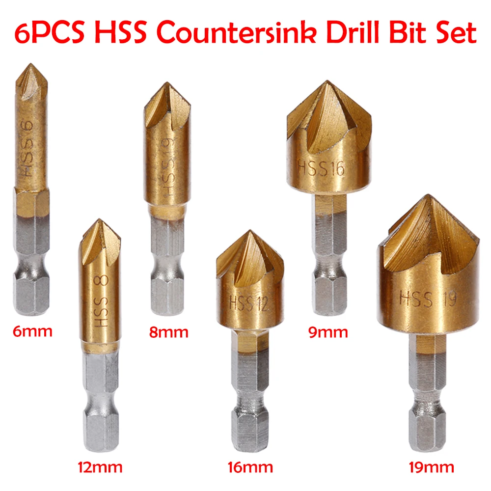 

6pcs HSS Countersink Drill Bit Set 6/8/12/16/19MM Positioning Hole Saw Kit Wood Pilot Hole Woodworking Punching Tools