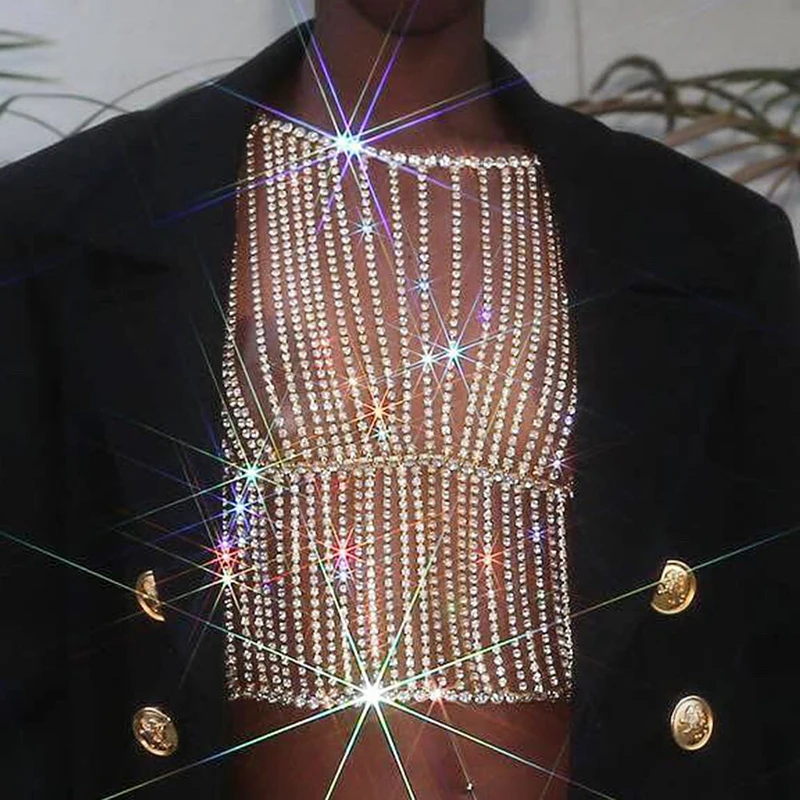 

Women Shiny Crystal Rhinestone Crop Top GlItter Diamonds Metal Chains Tassel Sexy See Through Backless O Neck Female Tank Tops