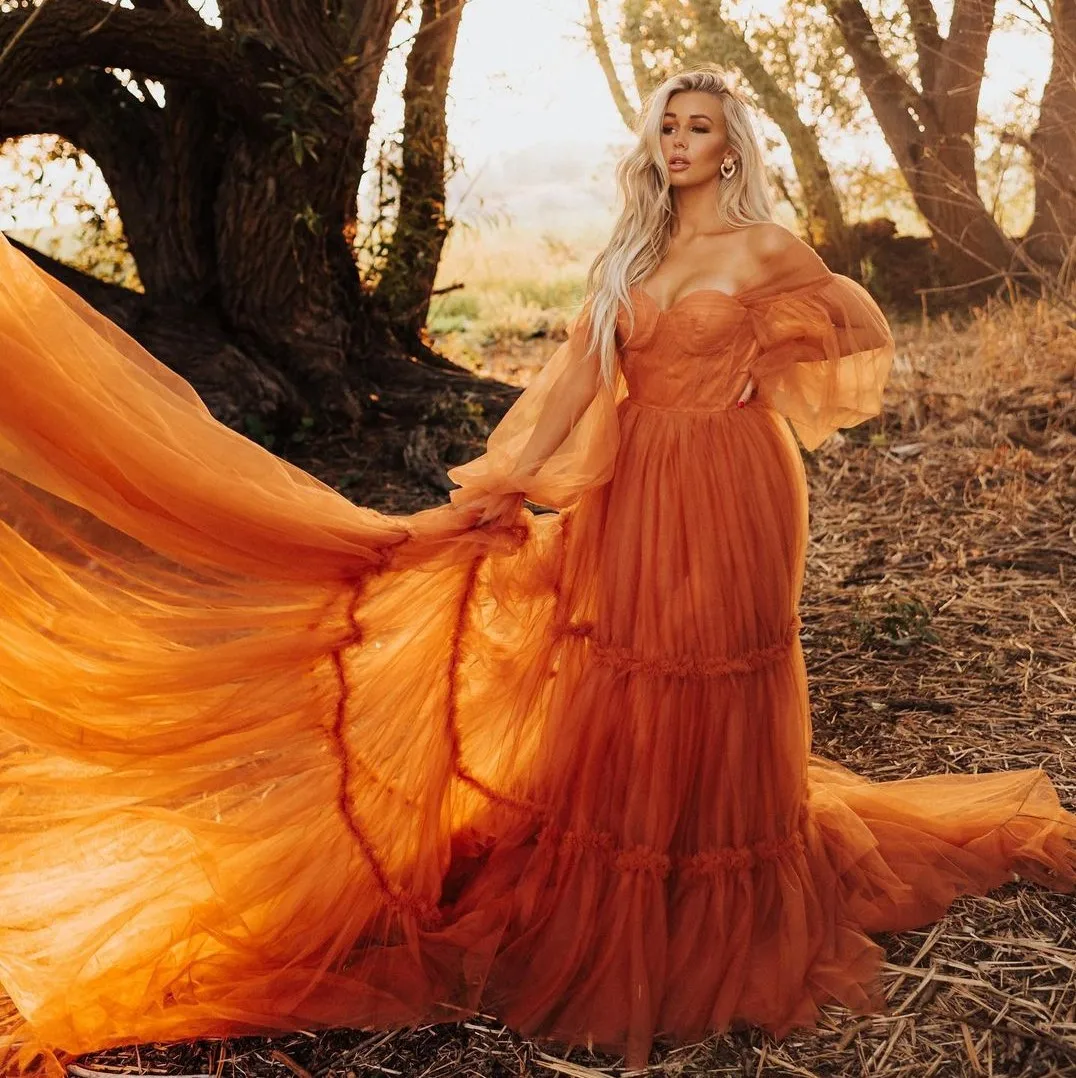 

Photoshoot Extra Tulle Women Dresses For Wedding Orange Lush Sleeves Custom Made Tulle Party Gowns vestido de fiesta