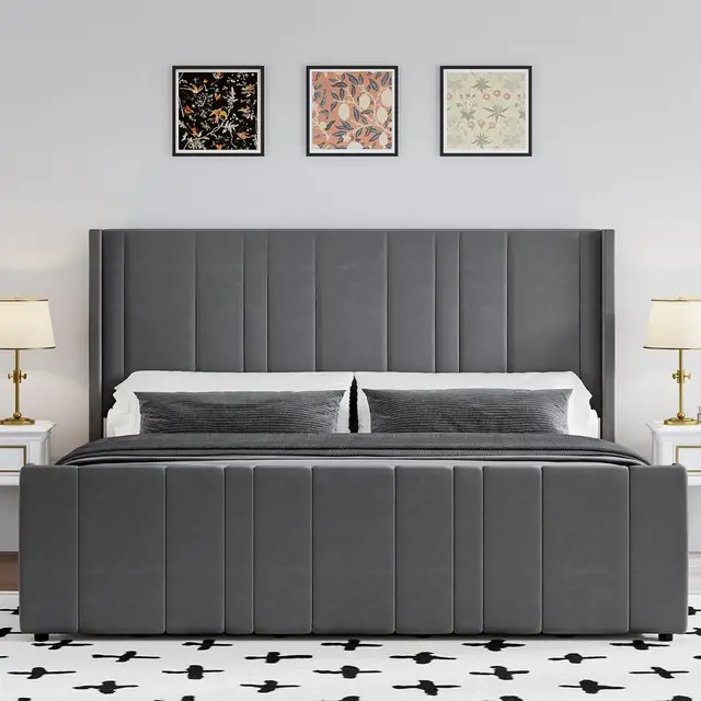 King Size Upholstered Bed Frame with Headboard 3