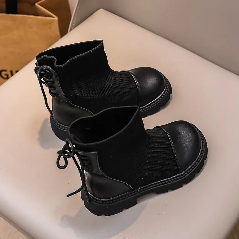 Black Leather Kids Platform Boots for School