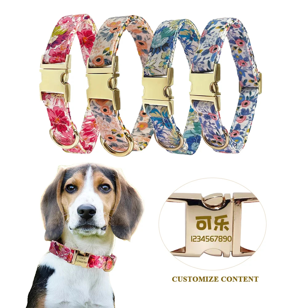 

Customized Dog ID Persoalized Dog Collar Cotton Printed Free Engraved Nameplate ID Tag Collar For Small Medium Large Dogs