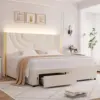 Full Upholstered LED Bed Frame with 2 Storage Drawers, Velvet Platform Bed with Wingback Headboard, Solid Wooden Slats Support 1