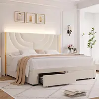 Full Upholstered LED Bed Frame with 2 Storage Drawers, Velvet Platform Bed with Wingback Headboard, Solid Wooden Slats Support 1