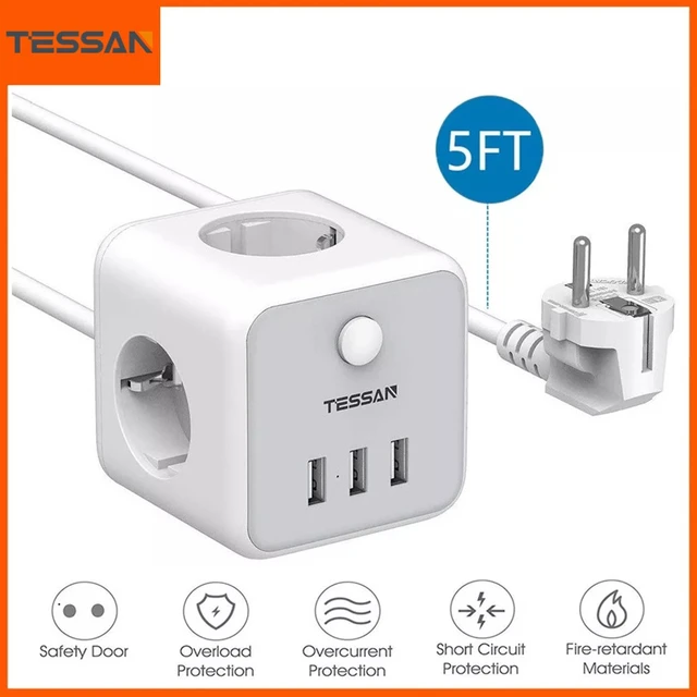 Comprar Adaptador de enchufe de pared cubo TESSAN 6 en 1 con interruptor 3  salidas de CA 3 puertos USB enchufe múltiple UE protección contra  sobrecarga